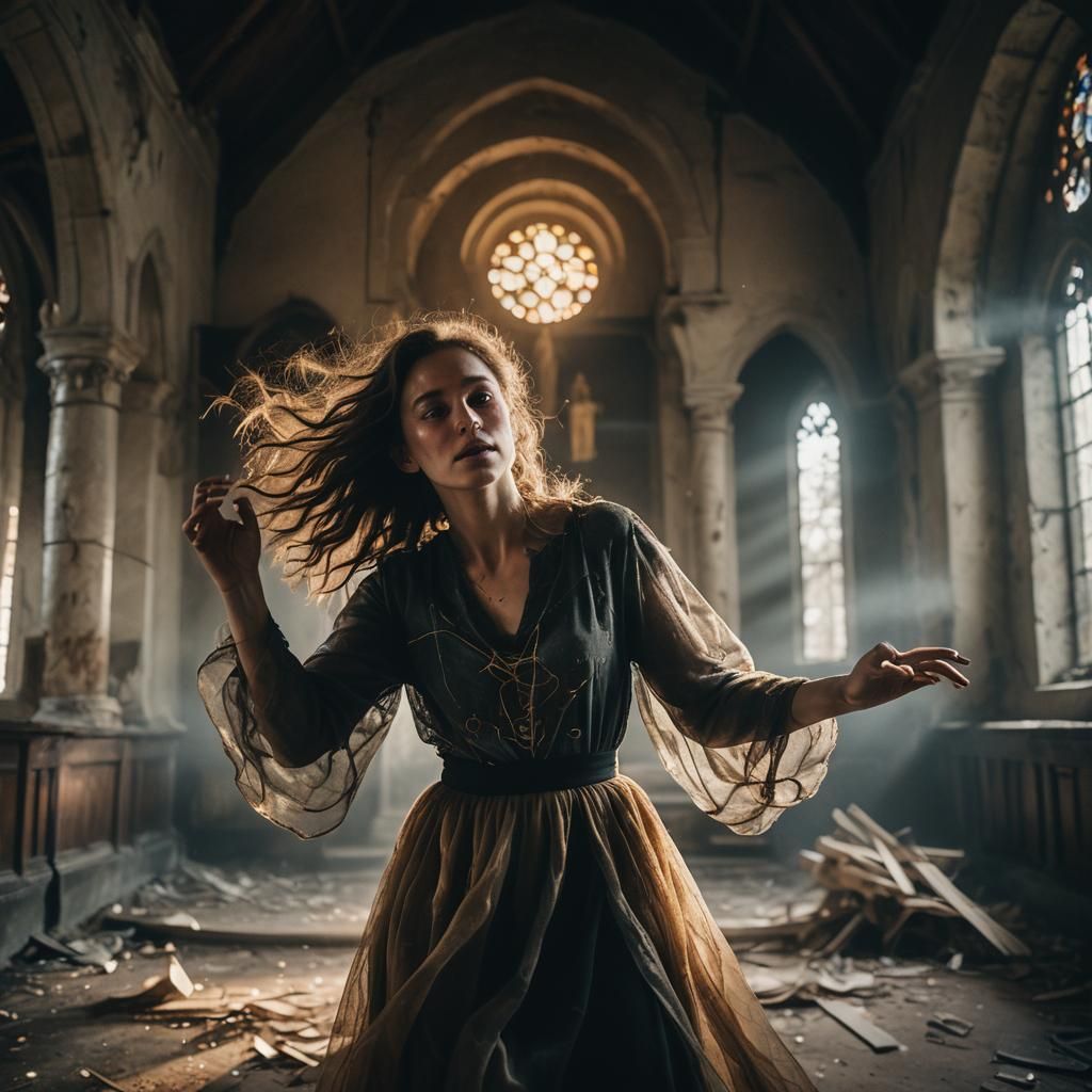 Eerie Portrait: Woman Dancing with Ghosts in Church
