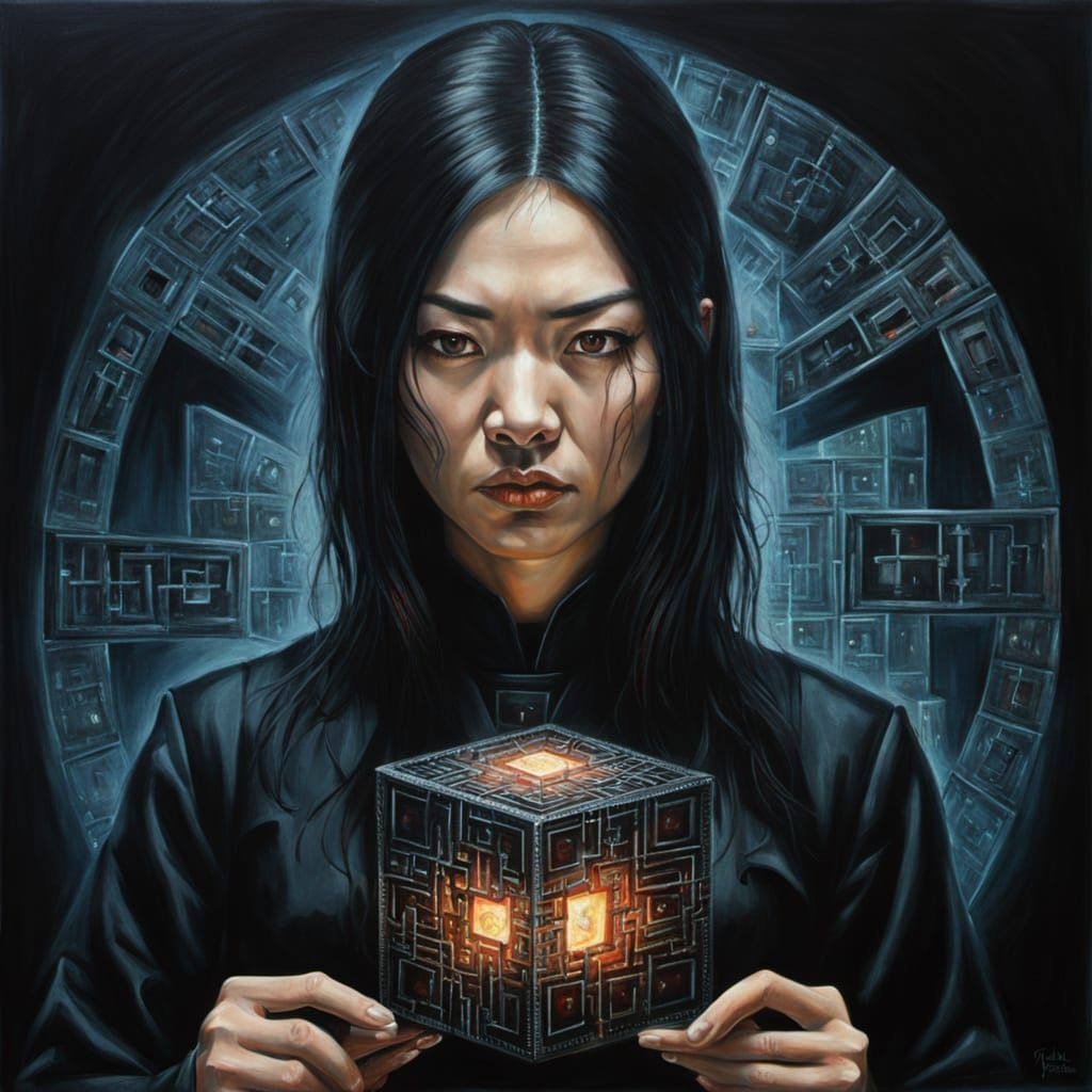 Creepy Asian Woman Holds Hellraiser Puzzle Box