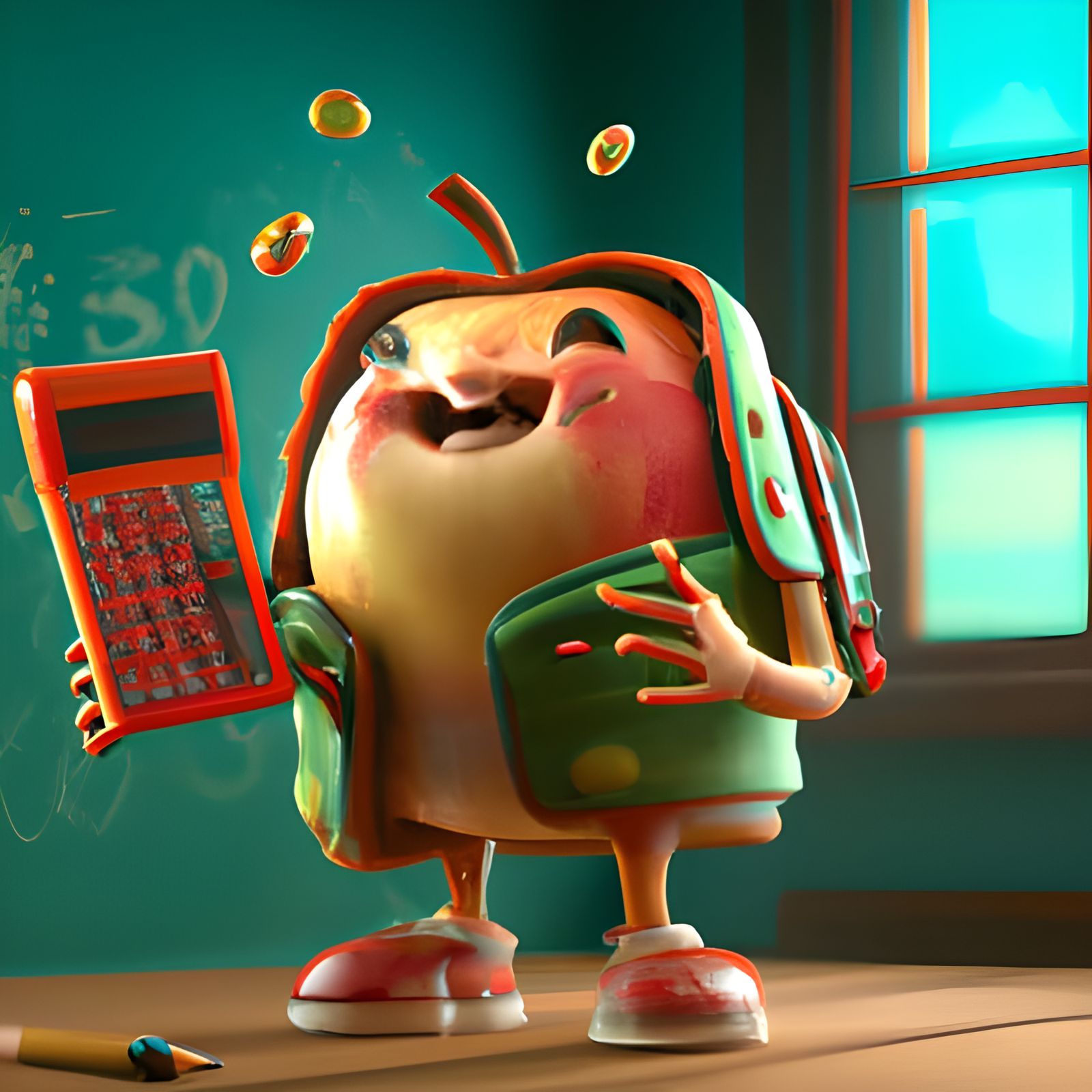 Chibi Apple Student in Classroom: Detailed Digital Art