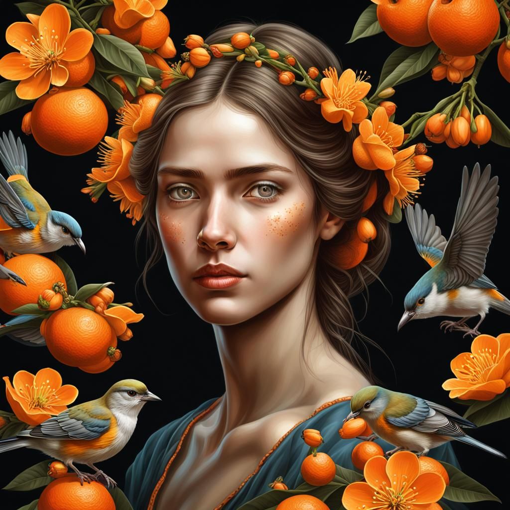 Close-Up Portrait of Maiden with Orange Blossoms