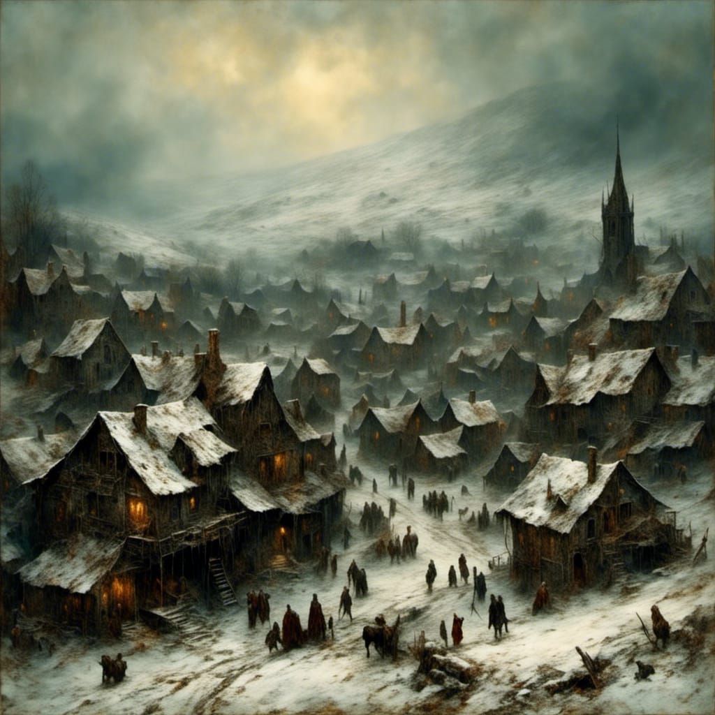 Dark Snowy Winter Village Landscape