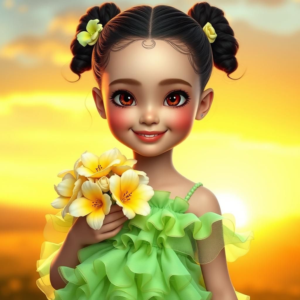 Whimsical Girl in Green Dress with Daisies