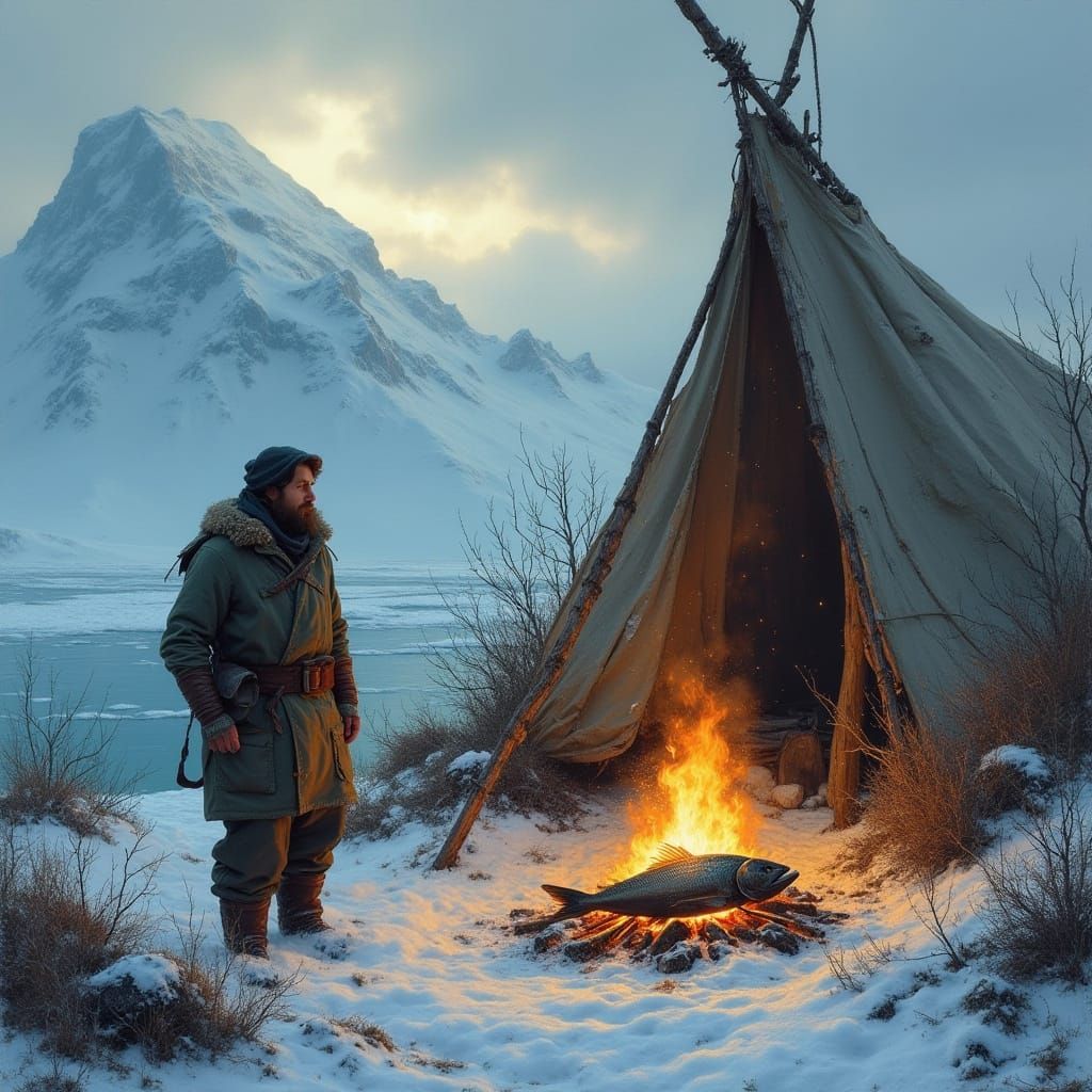 Shipwrecked Sailor's Arctic Refuge, with Campfire and Fish o...