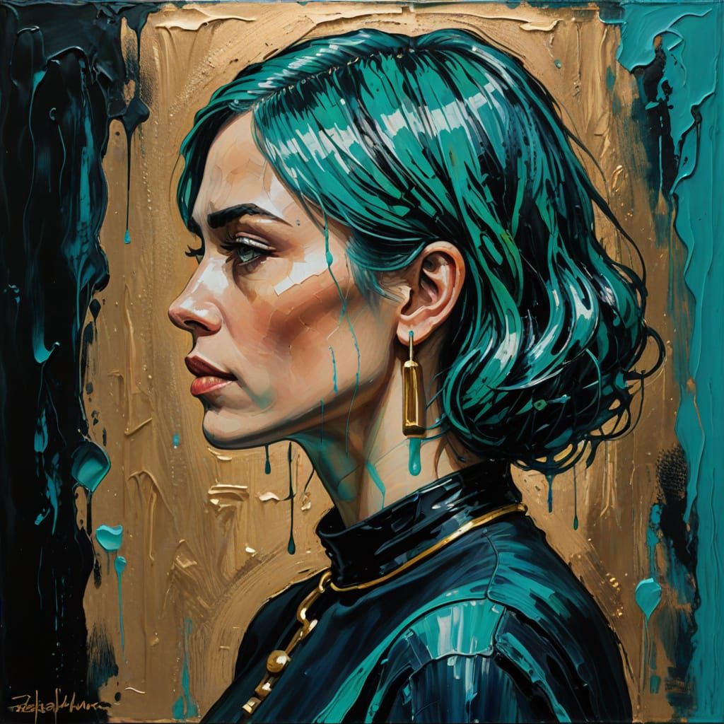 Expressionist Portrait with Turquoise Hair