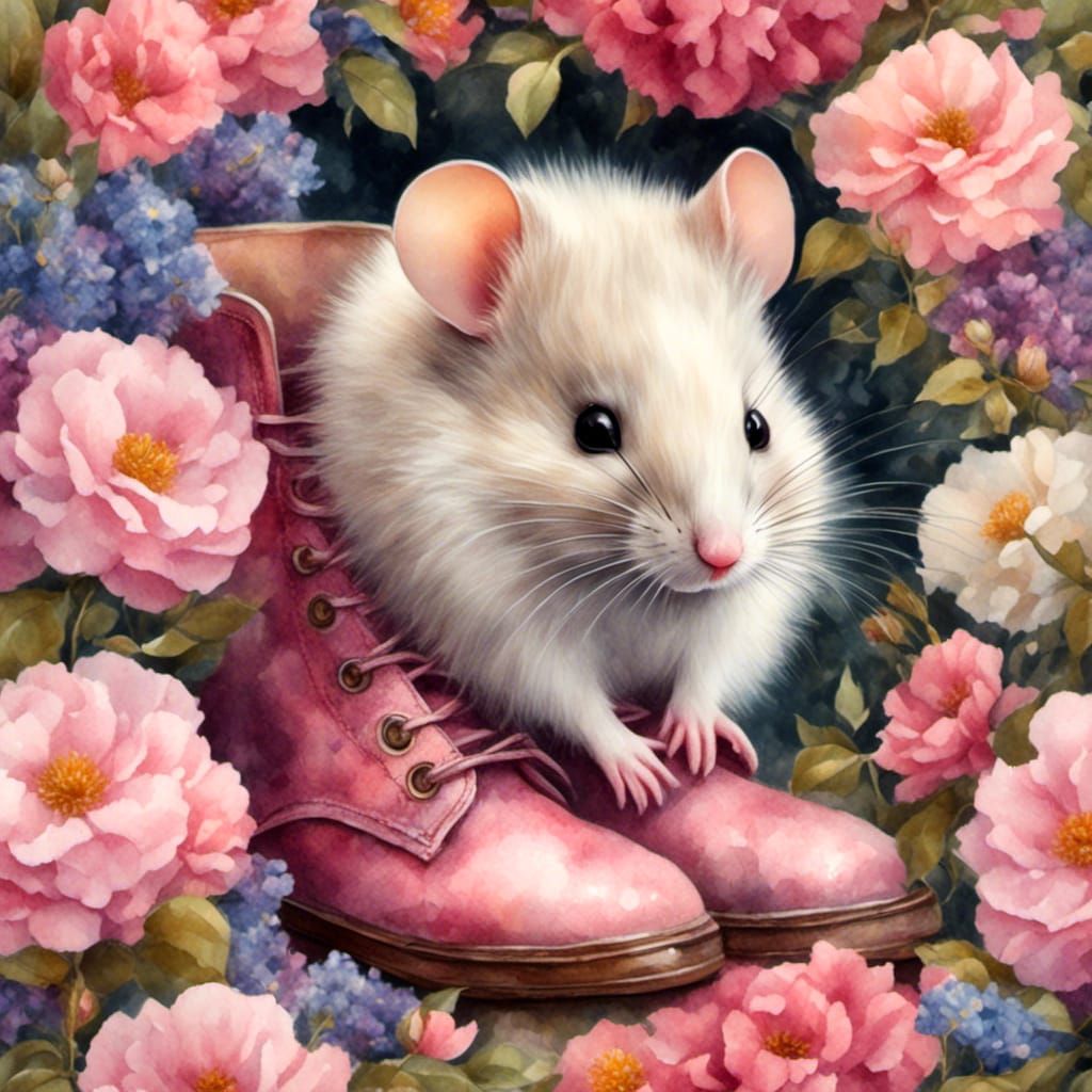Cute Mouse Cosy in Pink Boot, Watercolor Garden