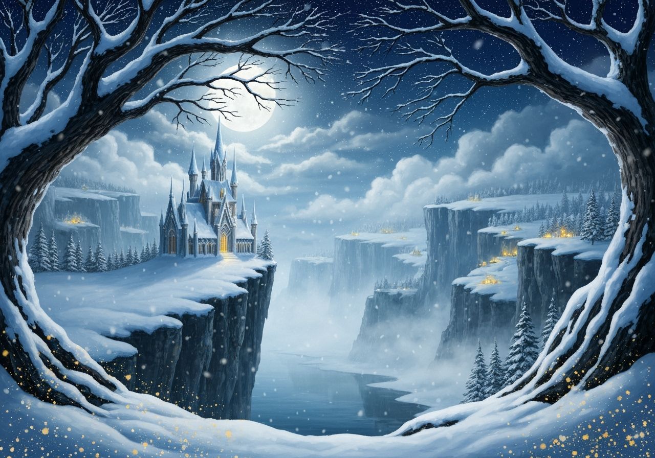 Majestic Snowy Castle in Ethereal Winter Landscape