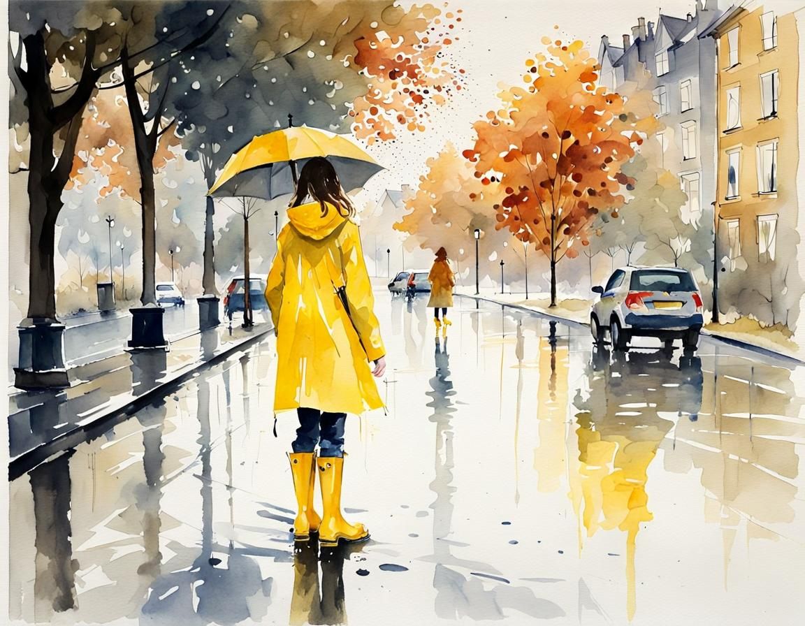 Rainy Street Scene in Watercolour Style