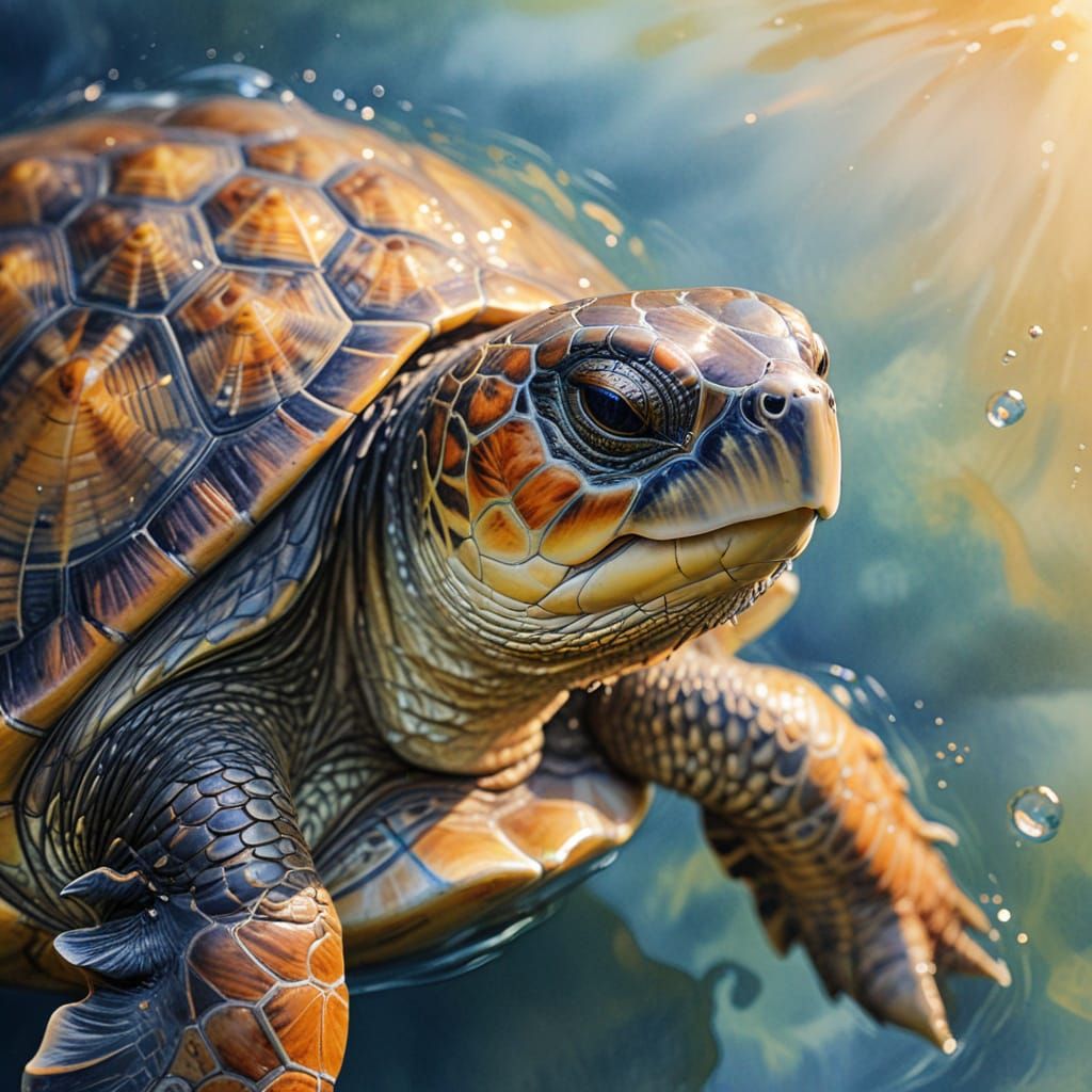 Watercolor Turtle Close-Up in Golden Light