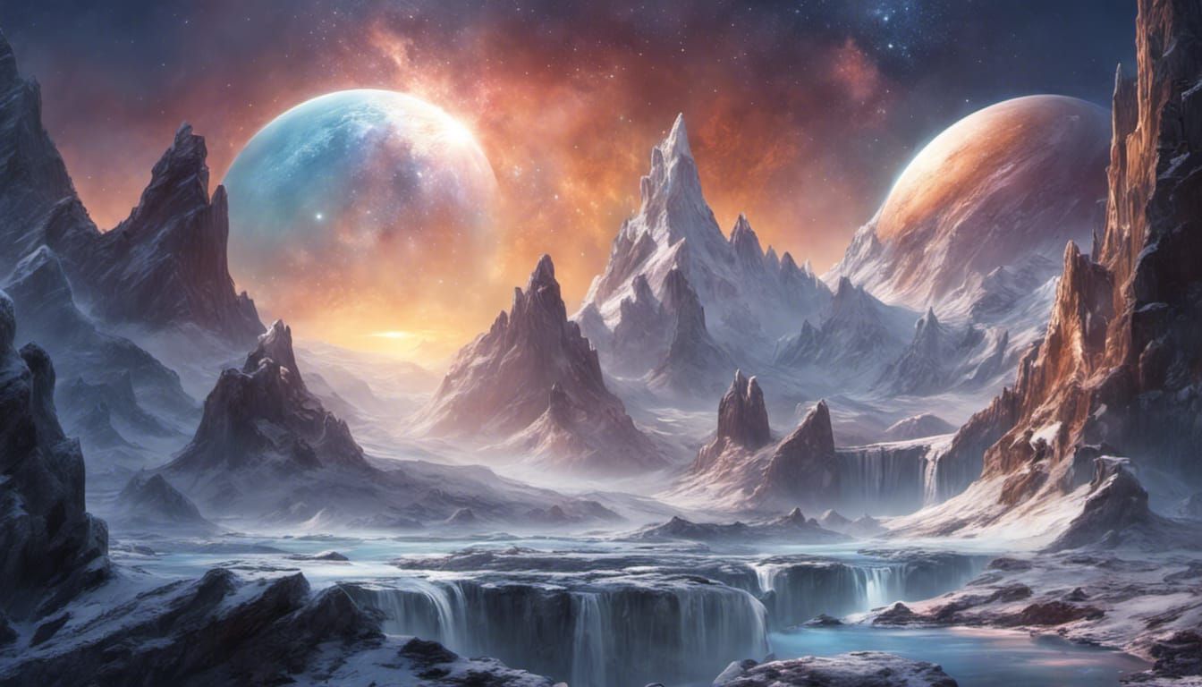 Deep space on an ice planet with waterfalls and planets surrounding.