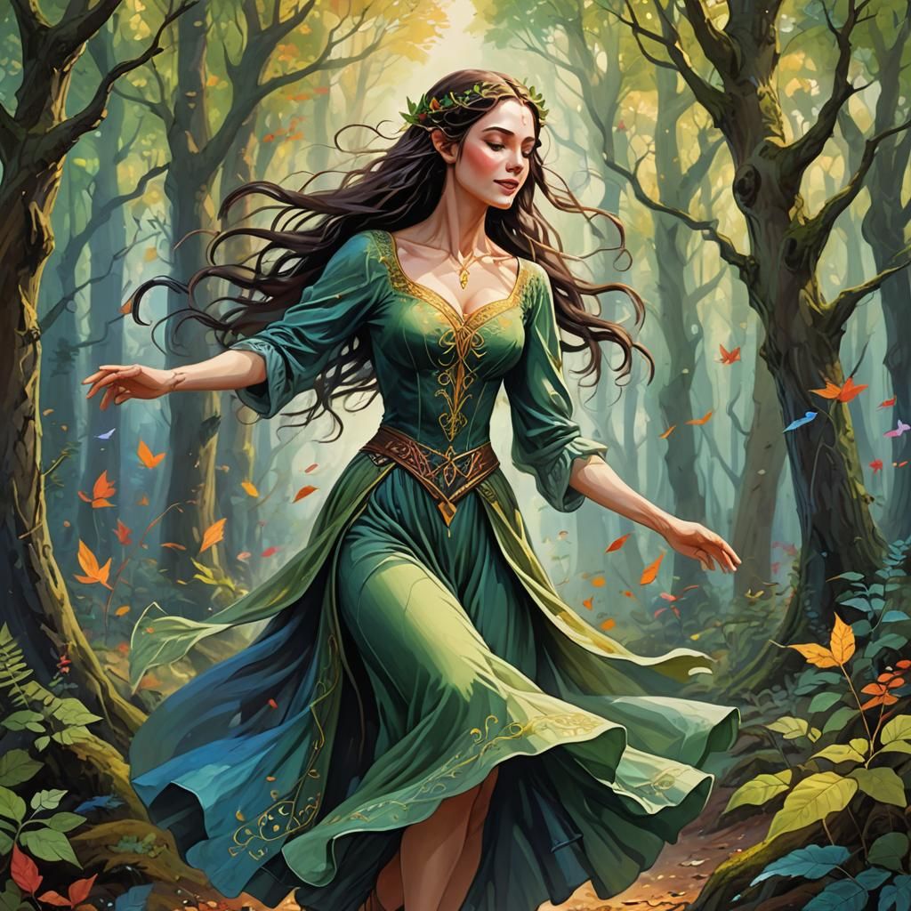 Elf Dancing in Forest: Colorful Illustration