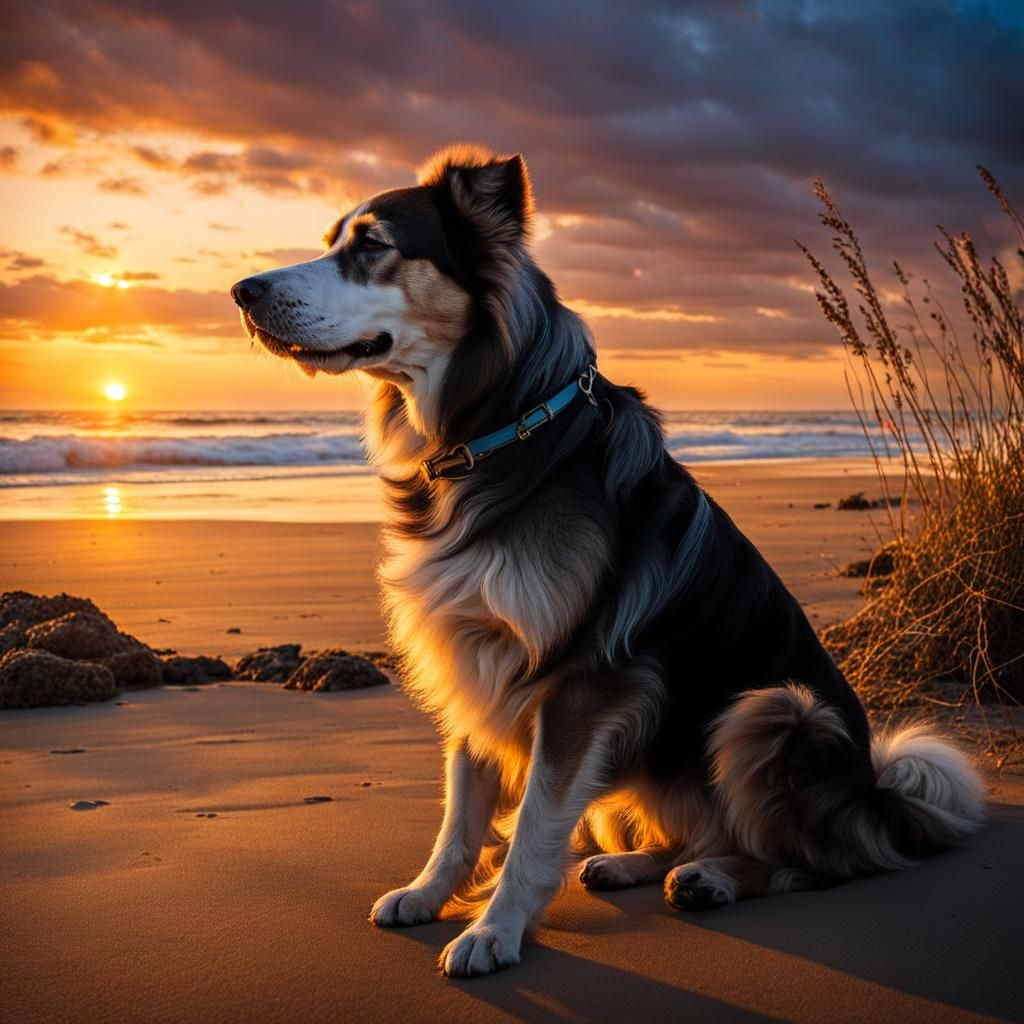 Sunset Beach Scene with Old Dog