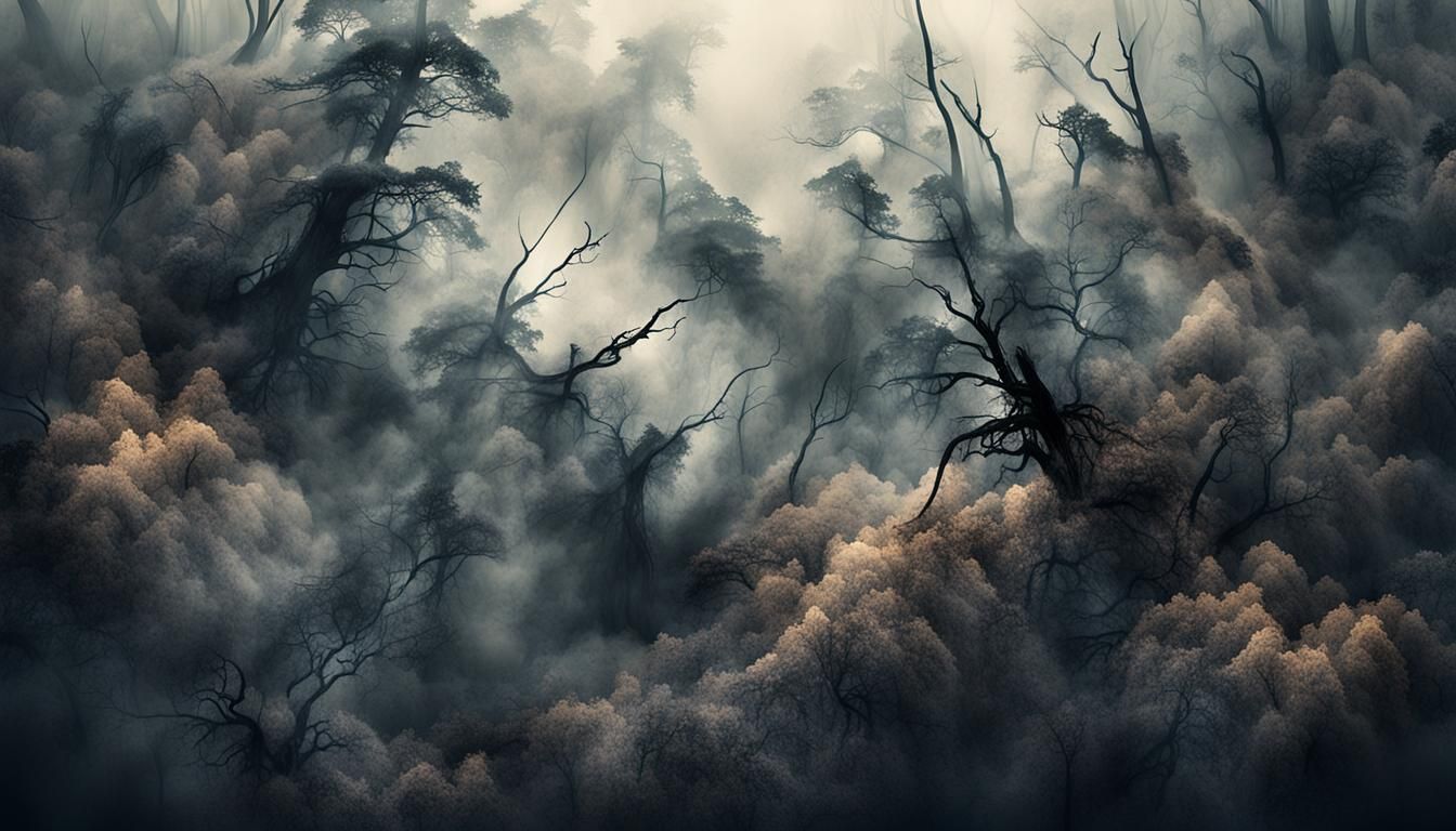 Abstract Dark Forest Disintegrating into Smoke: Digital Art