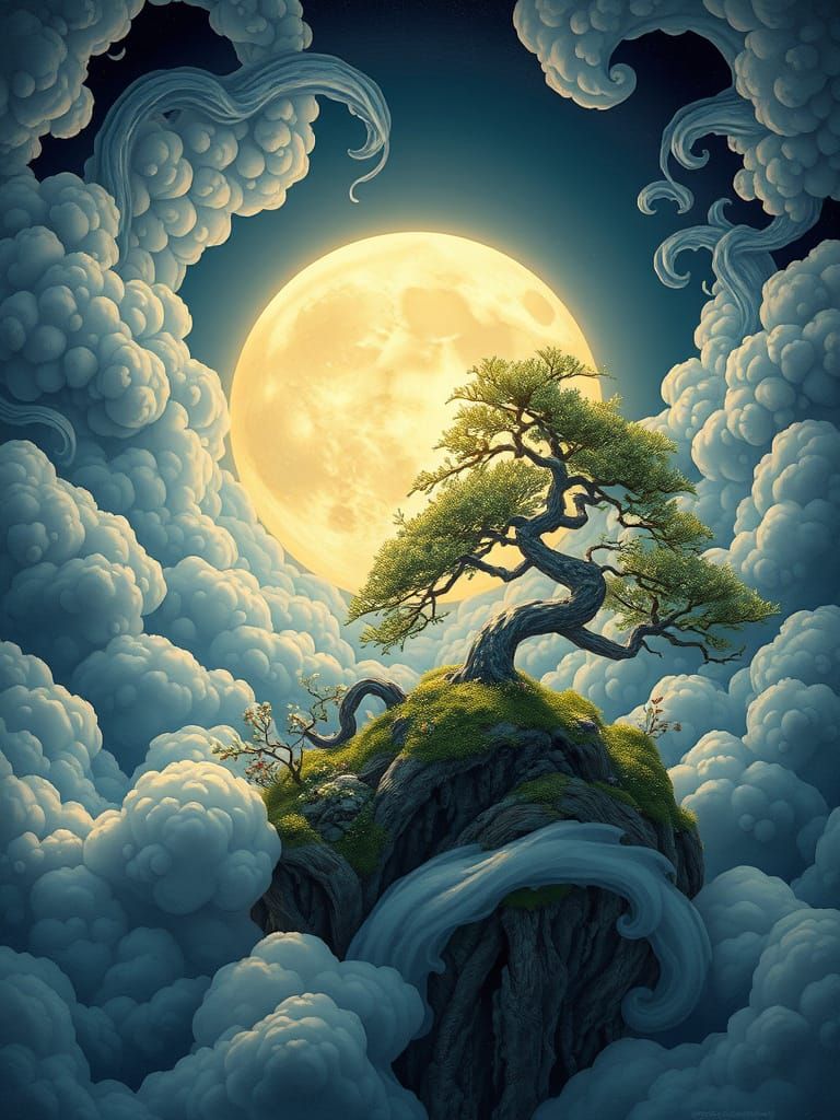 Dreamlike Bonsai Landscape Under Moonlight: Digital Art