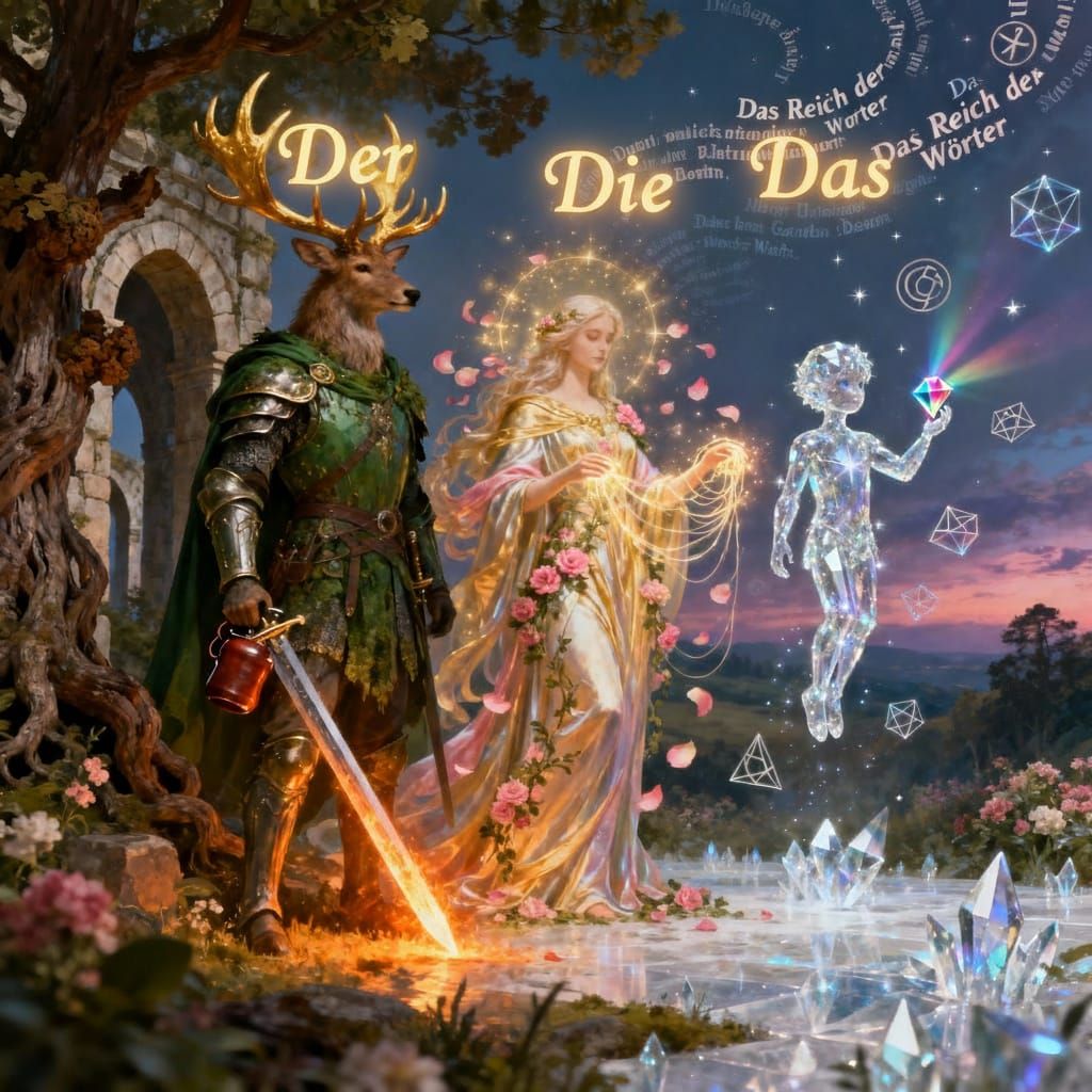 Personified German Articles Der, Die, Das in Mythic Realm