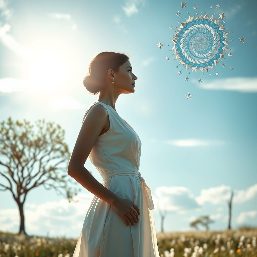Feminine Figure Contemplates Surreal Landscape