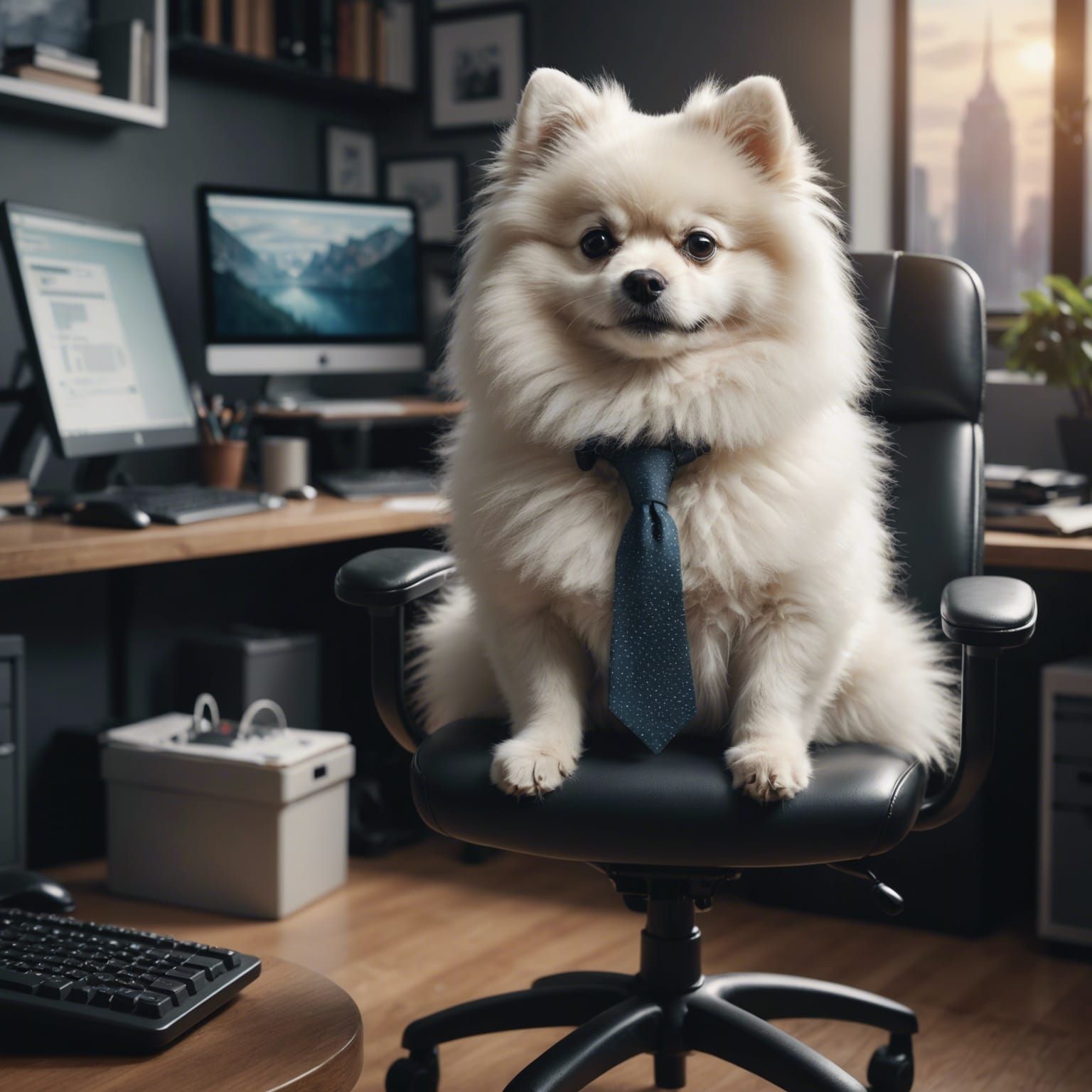 Pomeranian in Office Chair: Digital Matte Painting