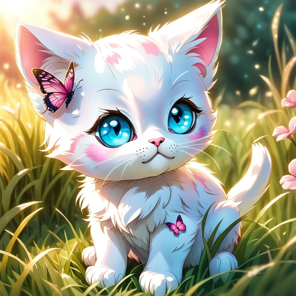 Adorable Chibi Kitten with Butterfly, Disney Style