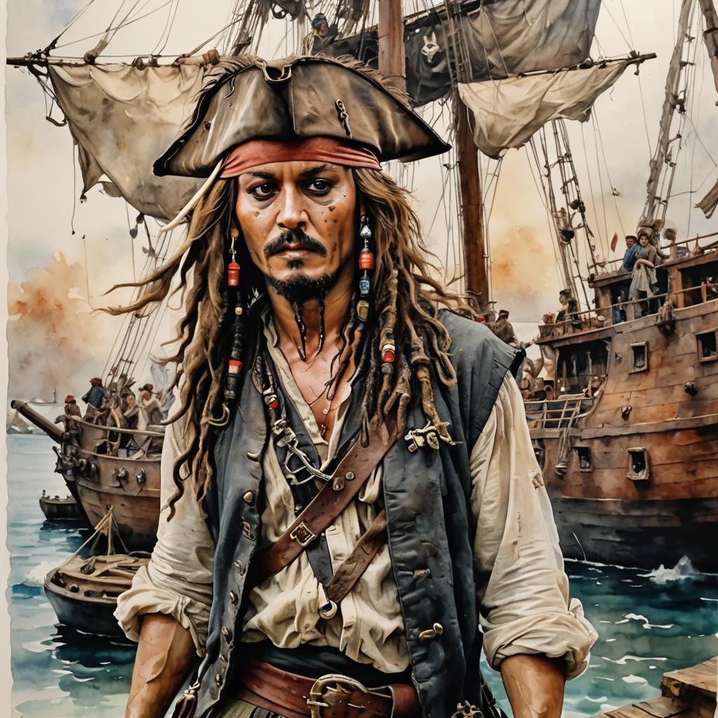 Captain Jack Sparrow in a Modern Watercolor Wet Wash Style