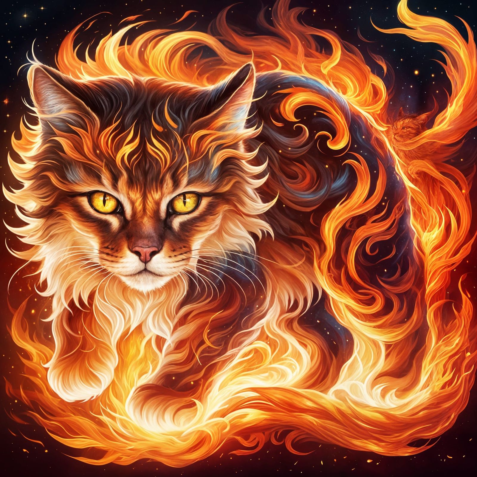 Majestic Fire Cat in Astral Illustration Style
