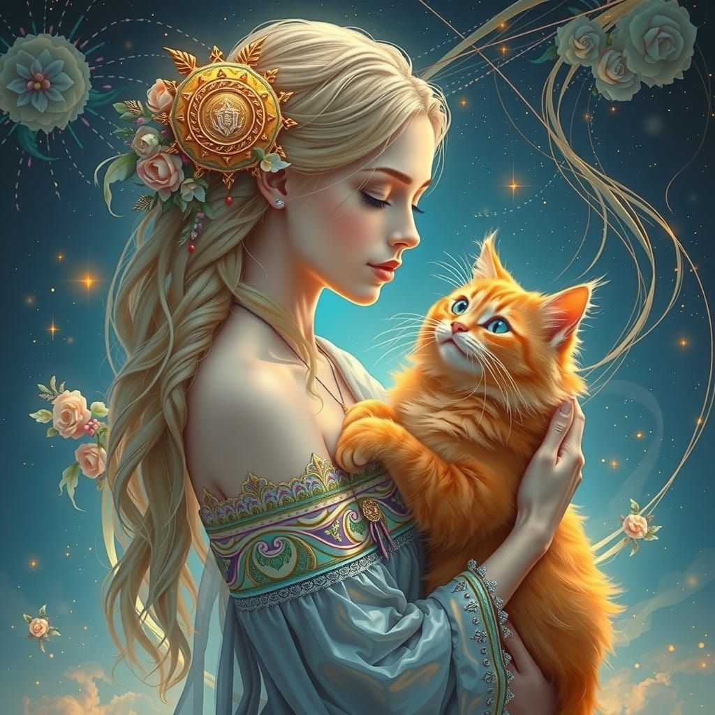 Goddess of Elysium Cradles Cosmic Kitten in Ethereal Light