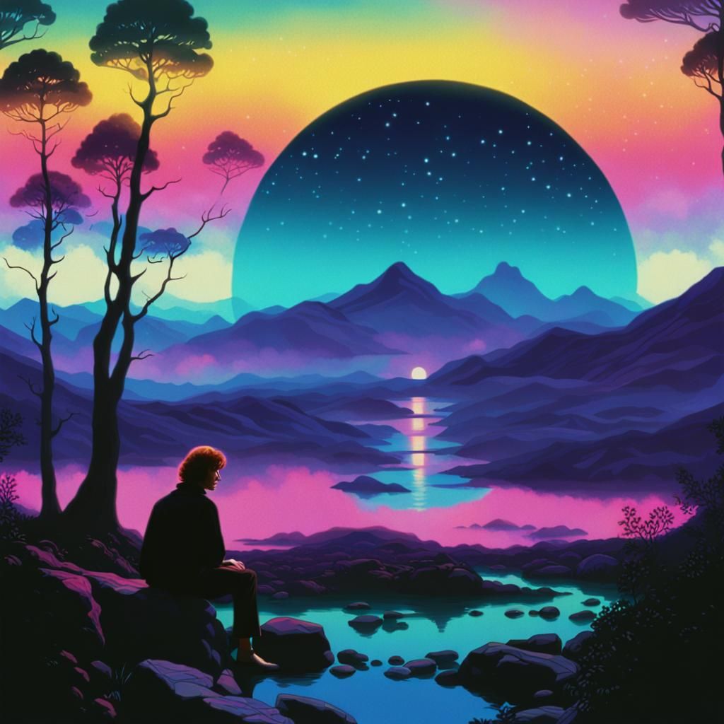 1980s Fantasy Scene with Vaporwave Aesthetics