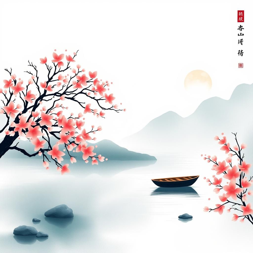 Lunar New Year River Scene in Watercolor Style