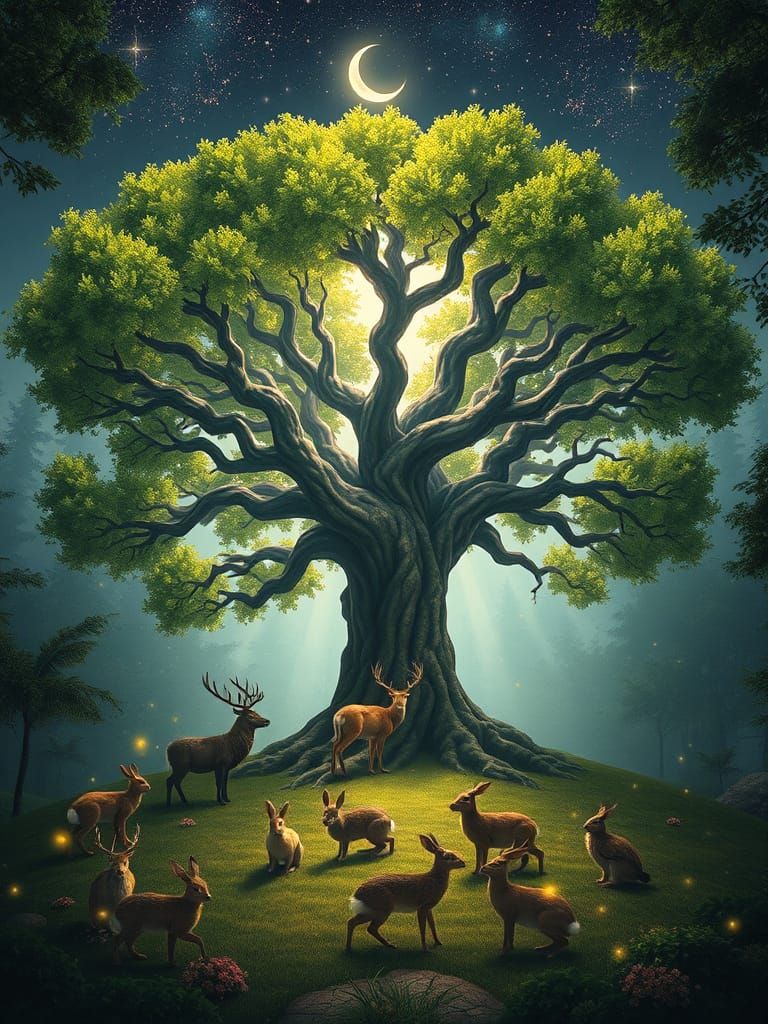 Majestic Tree in Lush Forest with Whimsical Gathering of Ani...
