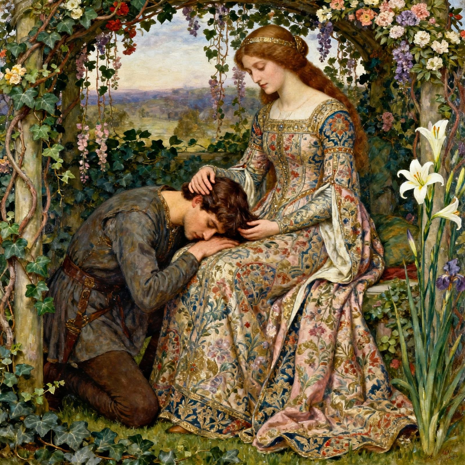 Medieval Maiden and Lover in Floral Bower Painting