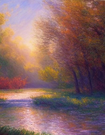 Moody Oil Landscape with Sunlight, in Impressionist Style