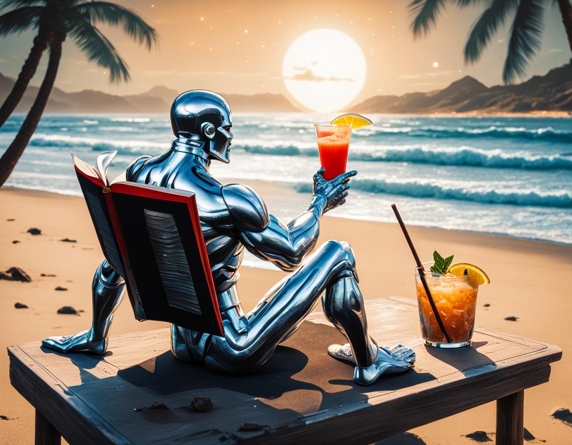 Silver Surfer Reading a Book with a Tiki Drink on the Beach IV