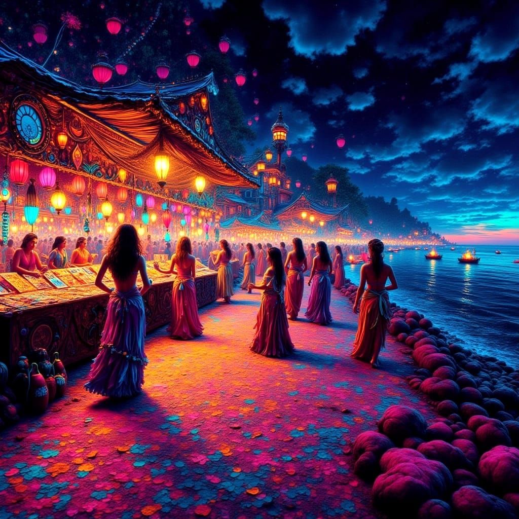 Vibrant Night Market Under Blacklight on a Tropical Beach
