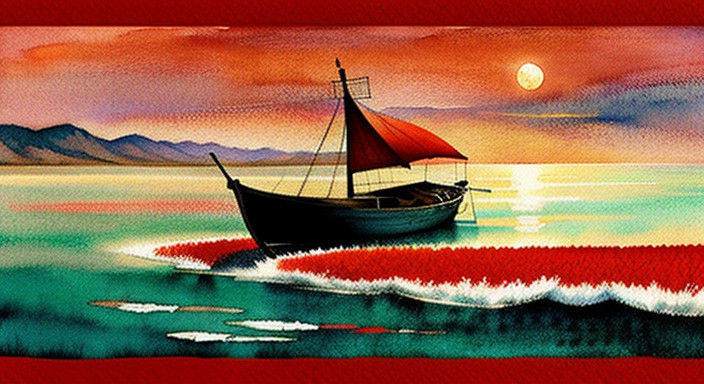 Moonlit Summer Boat Scene in Watercolor Style