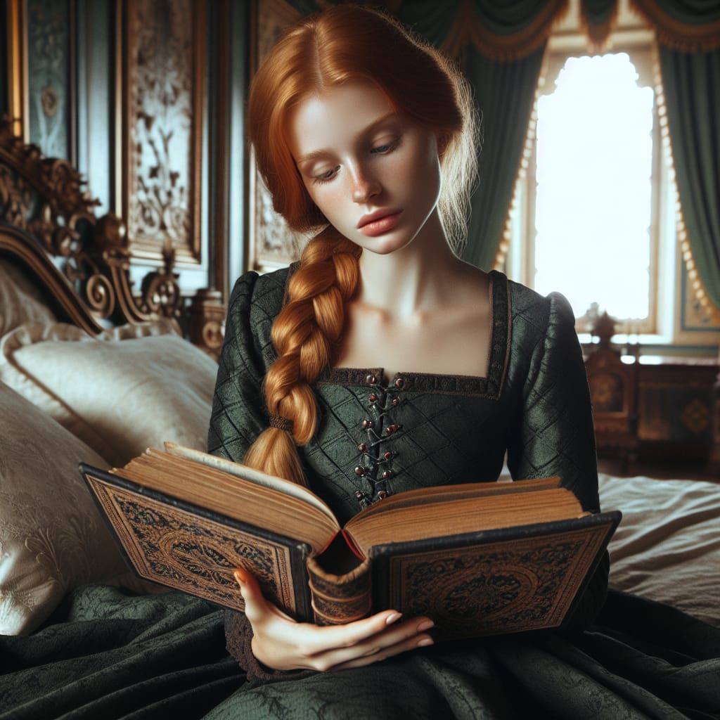 Medieval Princess Reading Book in Royal Chamber