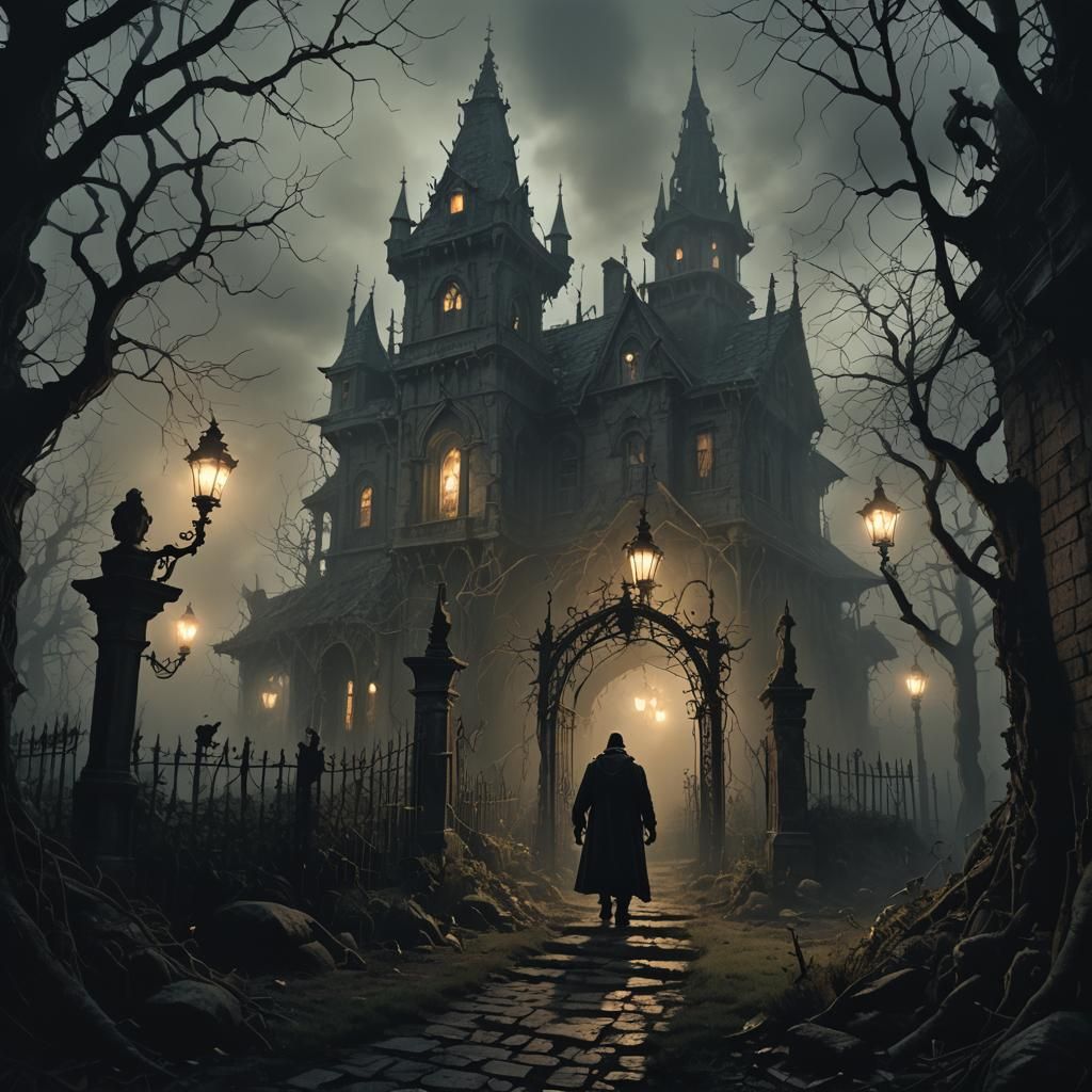 Creepy Figure Approaches Haunted House in Dark Fantasy Style