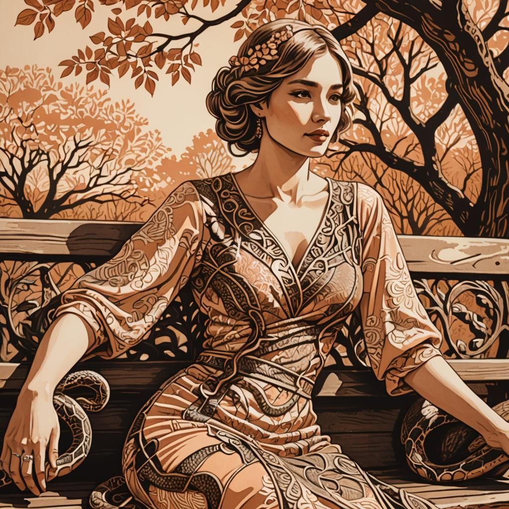 Ornate Woodcut: Woman with Snake on Park Bench