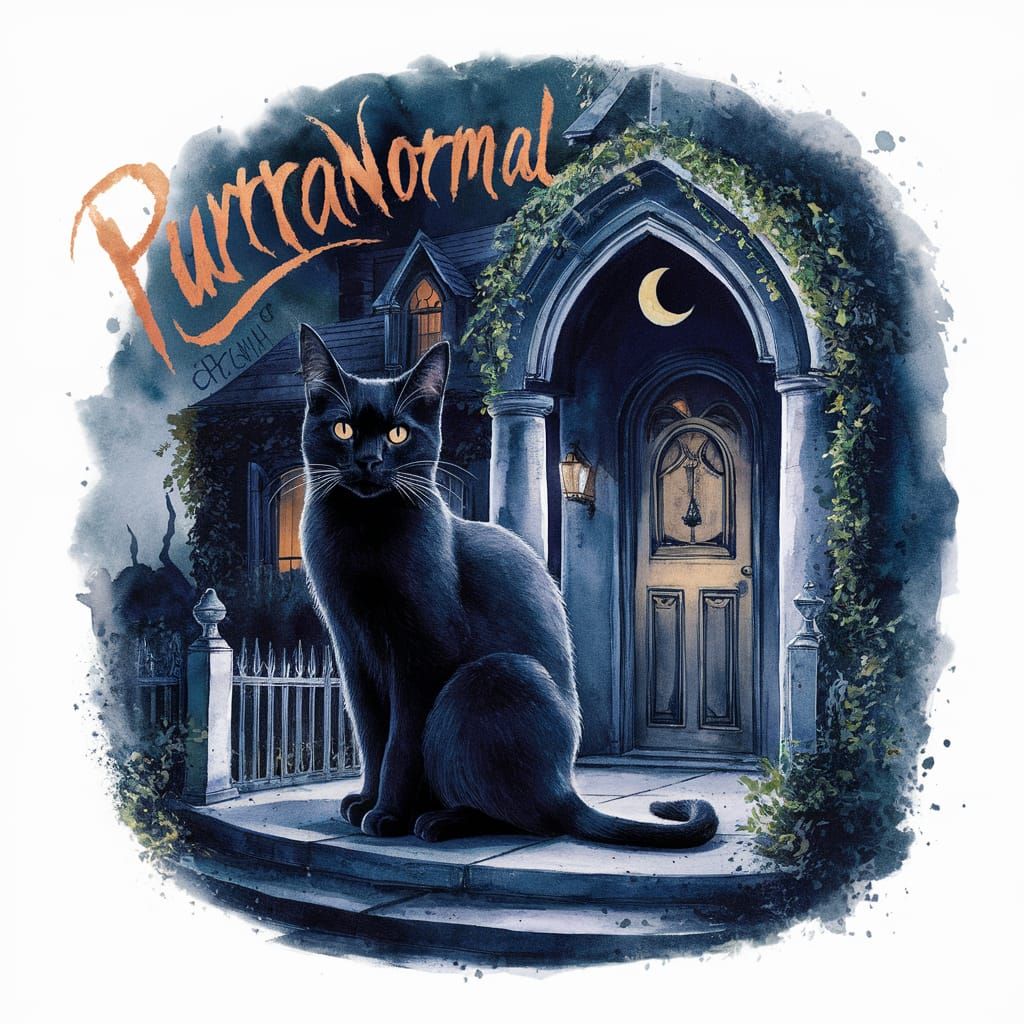 Black Cat on Haunted House Porch, Watercolor Art