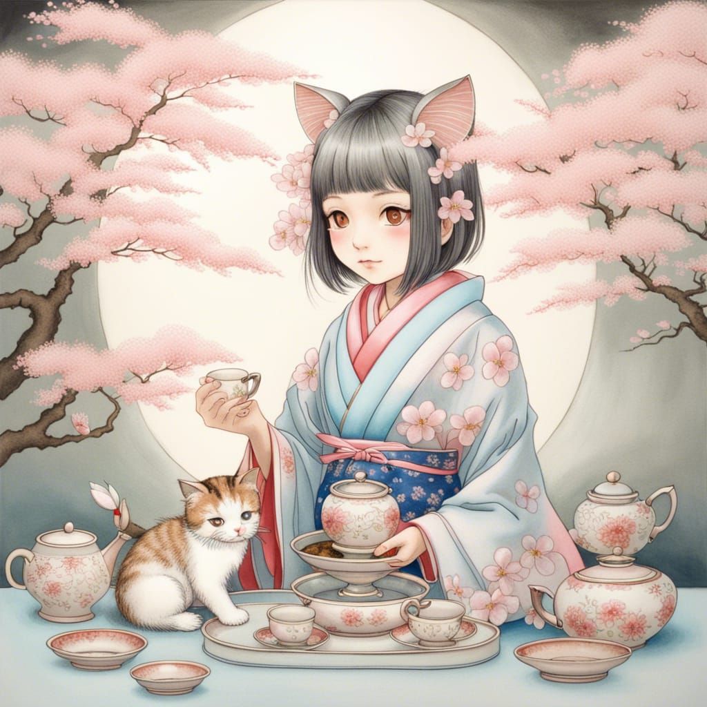 Japanese Yokai Tea Ceremony in Hyperrealism