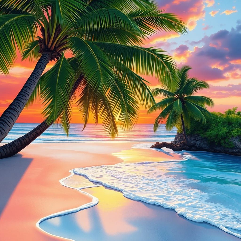 Tropical Beach Sunset in Watercolor Style