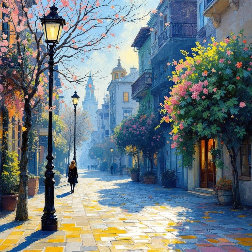 Impressionistic Encaustic Painting of Woman on Quiet Street