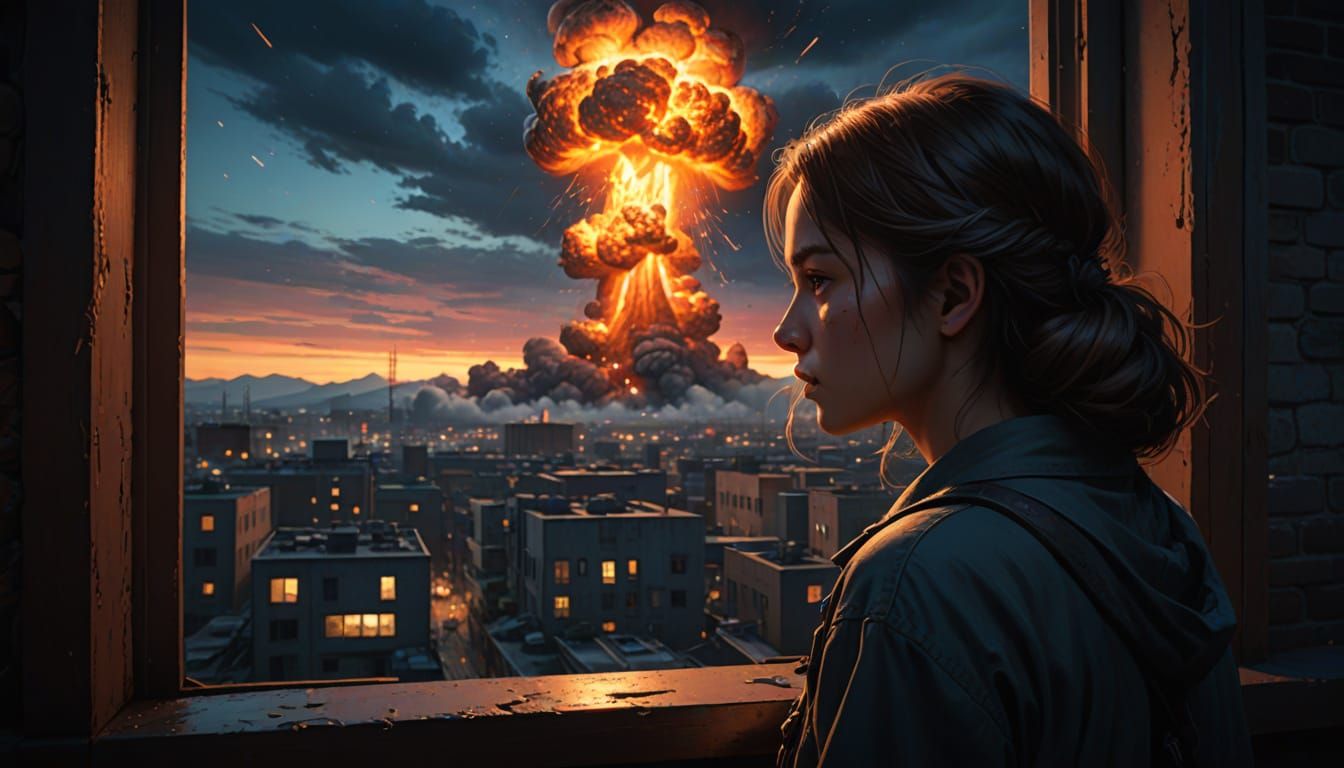 Girl Watches Nuclear Explosion: Digital Oil Painting