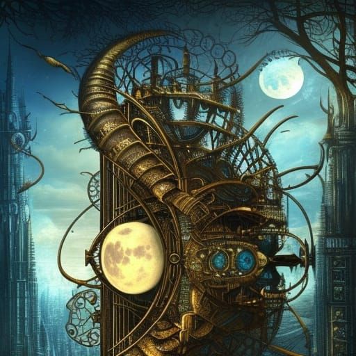 Steampunk Clockwork Time Machine with Crystal Bonsai