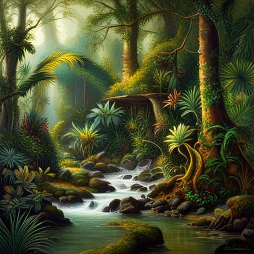 Detailed Jungle Oil Painting in Classical Style