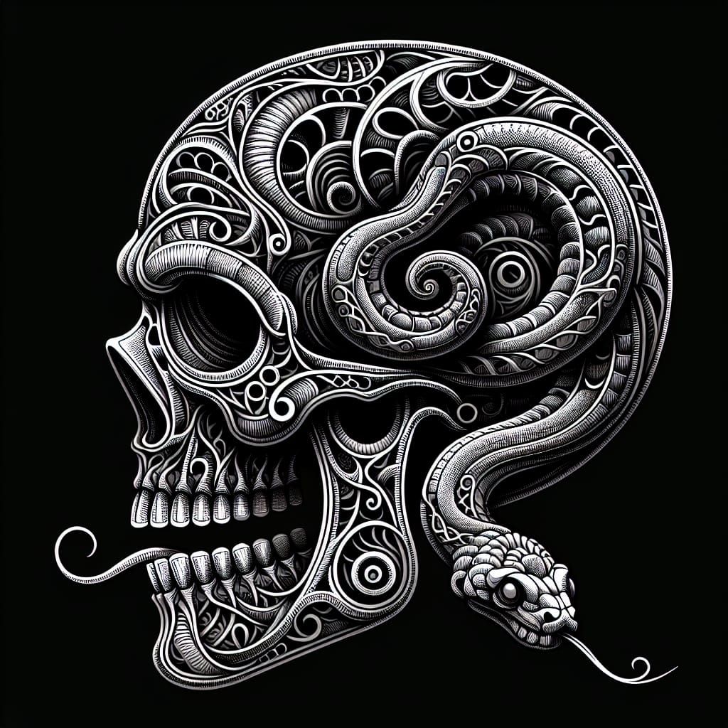 Zentangle Skull and Snake Fractal Tattoo Design