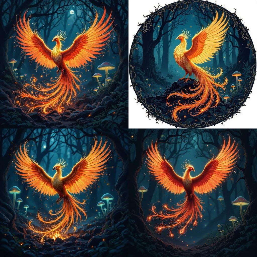 Phoenix Reborn from Gossamer Spiderwebs in Enchanted Forest