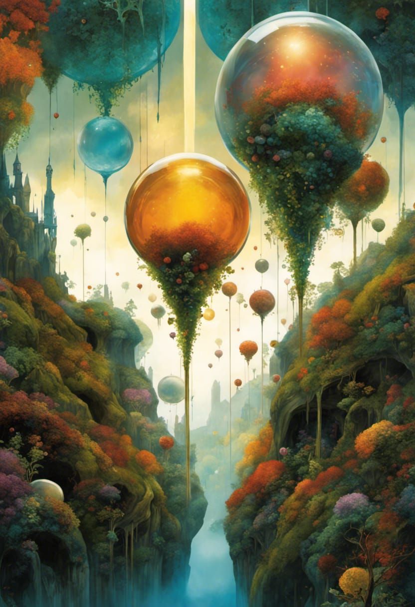 Ethereal Landscape with Glass Orbs in Polychromatic Style