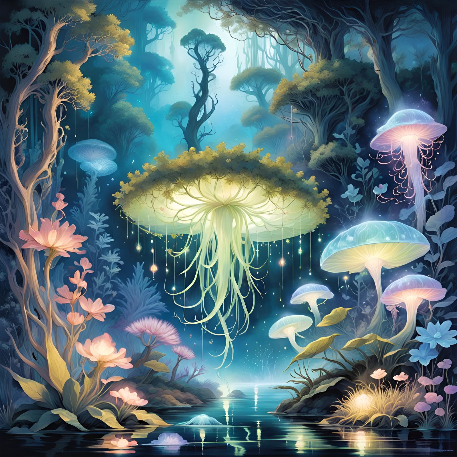 Bioluminescent Sentient Plants in Mystical Realm