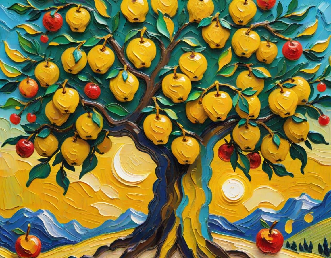 Vibrant Fruit Tree of Life Impasto Painting