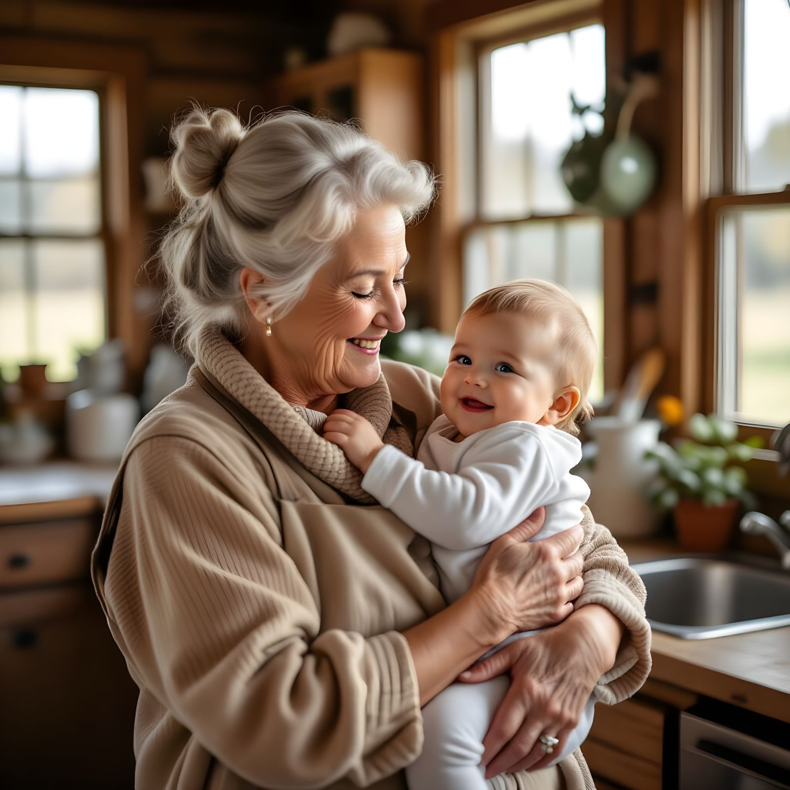 Happy Grandmother Holds Smiling Baby in Farmhouse Kitchen