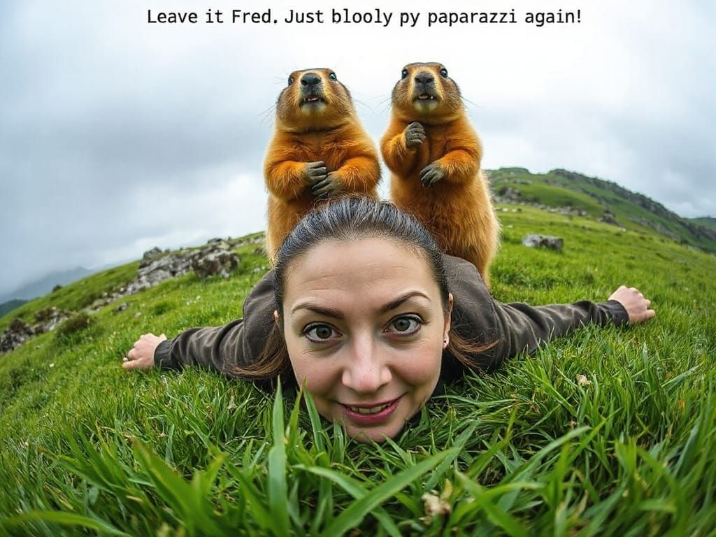 Photographer on Grass with Angry Marmots, Fisheye Lens
