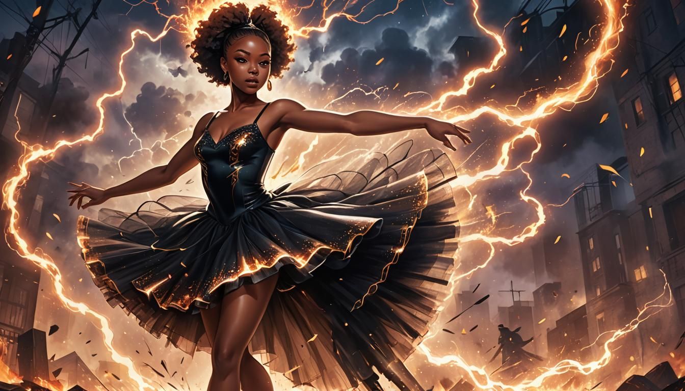 Magical Ballerina in Anime Style with Fire and Lightning